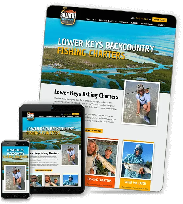 Fishing charter website displayed on desktop, tablet, and mobile