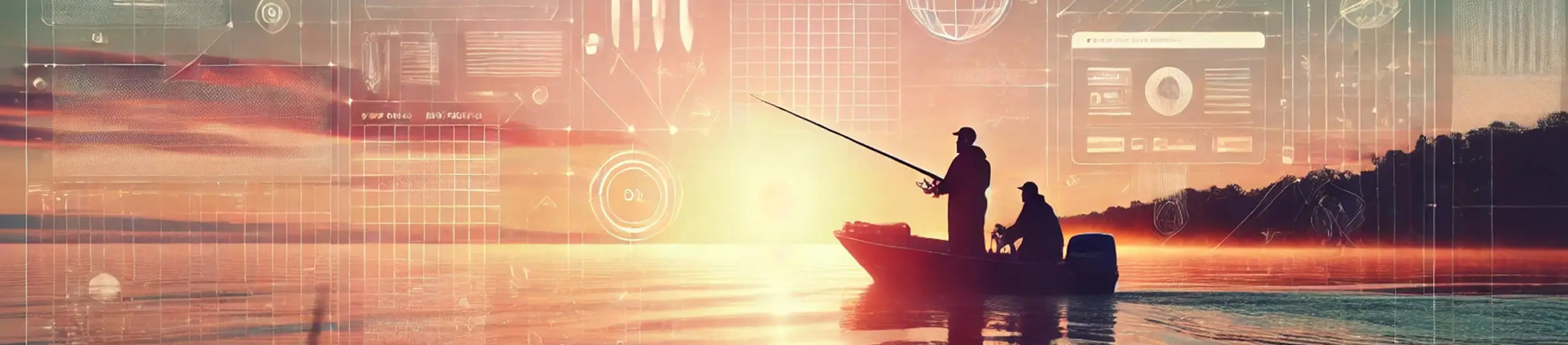 A scenic panoramic view of the ocean at sunrise with a fishing boat in the foreground, featuring subtle digital web design elements like glowing grids and wireframes blending into the sky and water, symbolizing the connection between fishing and websites.