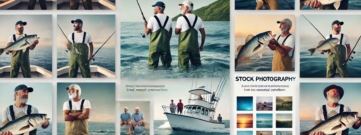 Wide-format collage showing a comparison of vibrant, authentic fishing charter photos and subtle stock photography used as backgrounds and filler content, highlighting the balance between real visuals and minimal stock use.