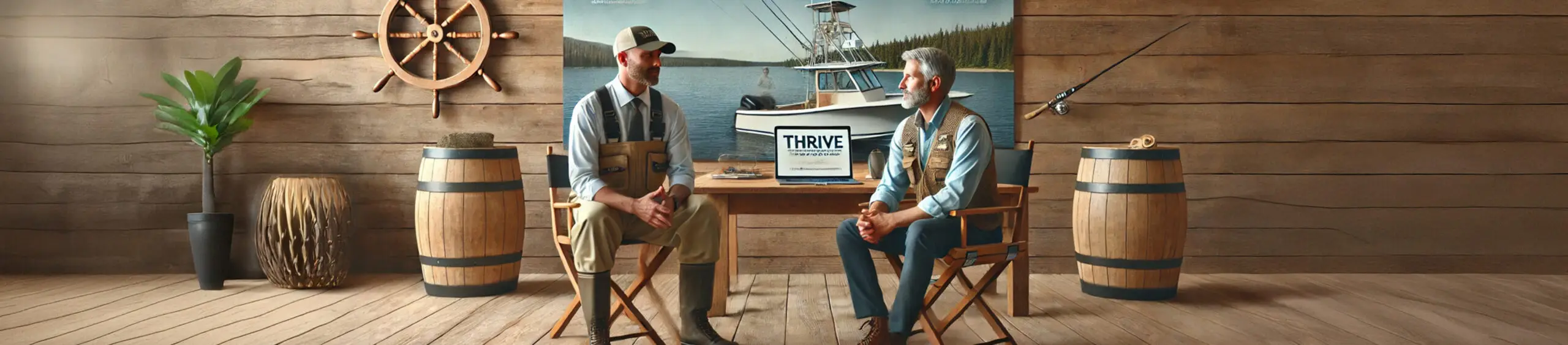 A fishing guide and lodge owner discussing marketing strategies on a rustic dock with a fishing boat nearby. Text overlay reads: ‘Beyond the Website: Marketing for Fishing Charters & Lodges.