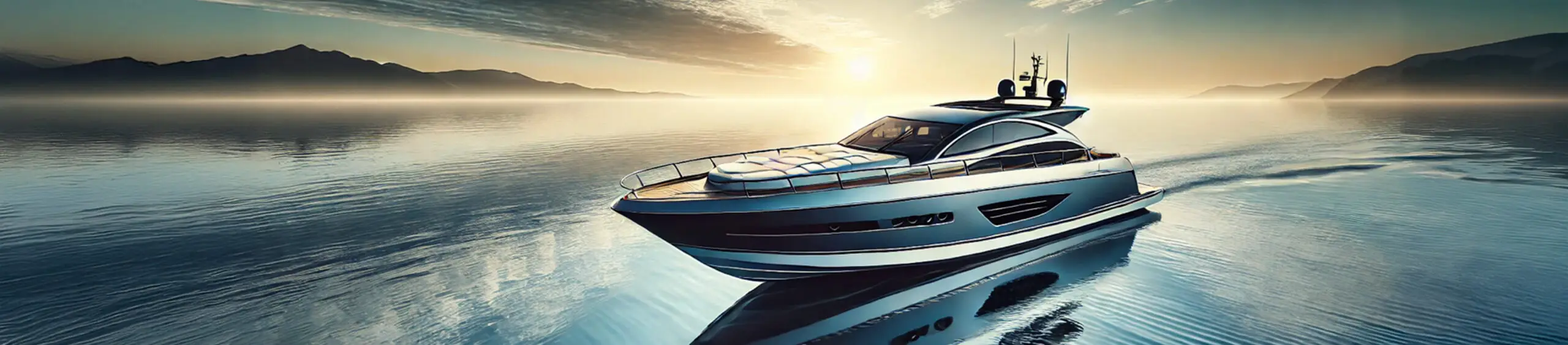 Wide panoramic view of a luxury boat cutting through calm blue waters at sunrise, with subtle branding elements and modern typography overlay.