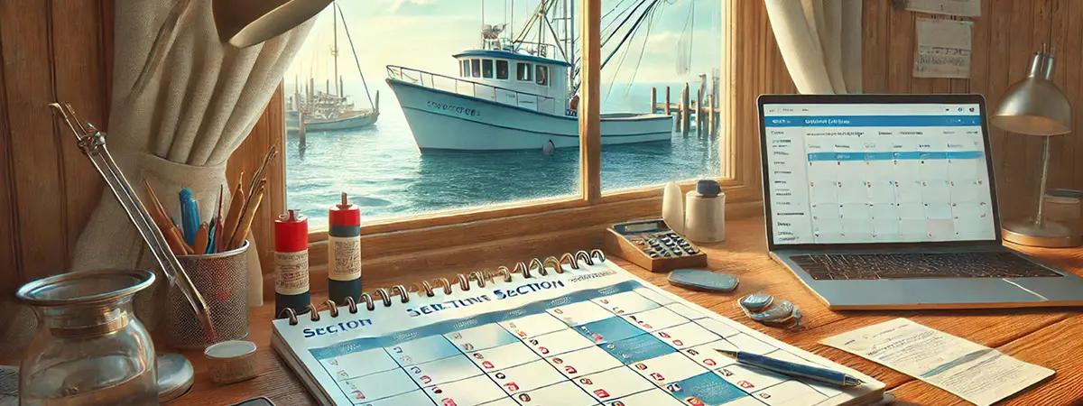 Calendar on a fishing charter captain’s desk with scheduled email reminders marked, with a laptop and a docked boat visible through the window.