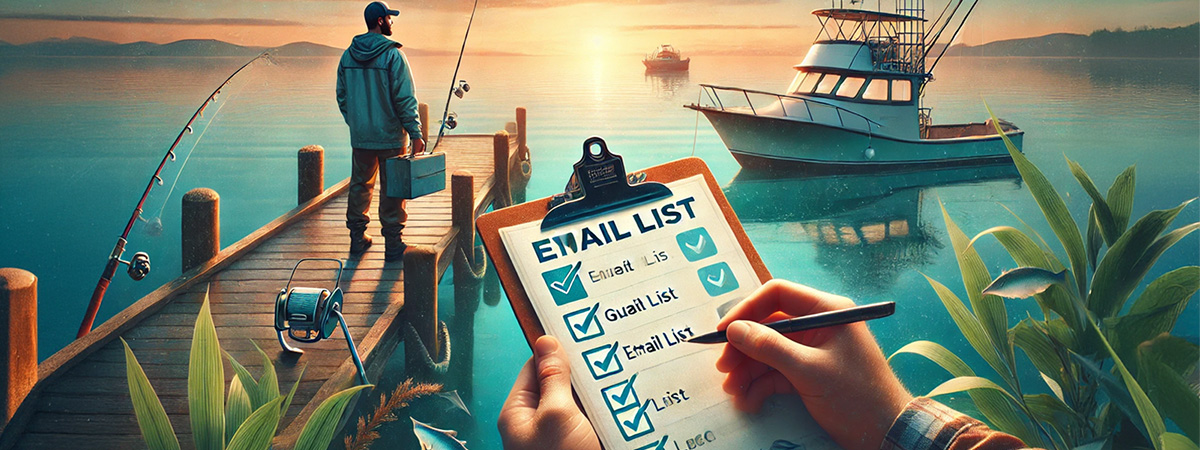 Fishing charter captain holding a clipboard with guest email sign-up sheet at the dock, with a boat in the background at sunrise.