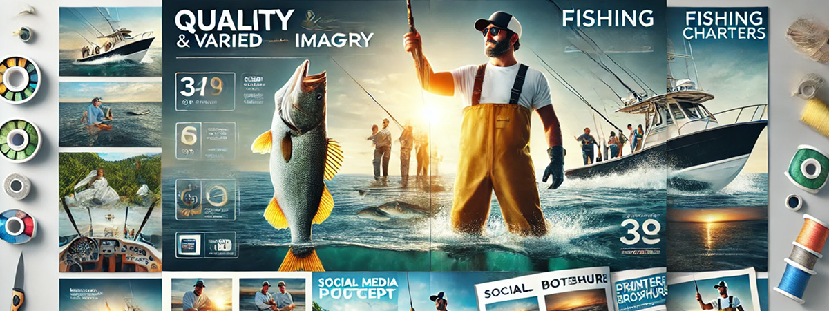 Wide-format collage showcasing the impact of quality imagery for fishing charters, featuring a fisherman holding a large catch, a dynamic fish jumping out of the water, social media feed images, and a brochure mock-up with scenic fishing visuals.