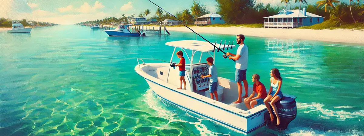 Family fishing on a white charter boat in calm turquoise waters with a distant beach town and palm trees.