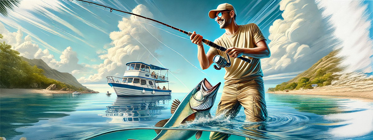 Angler reeling in a fish with a charter boat in the background.