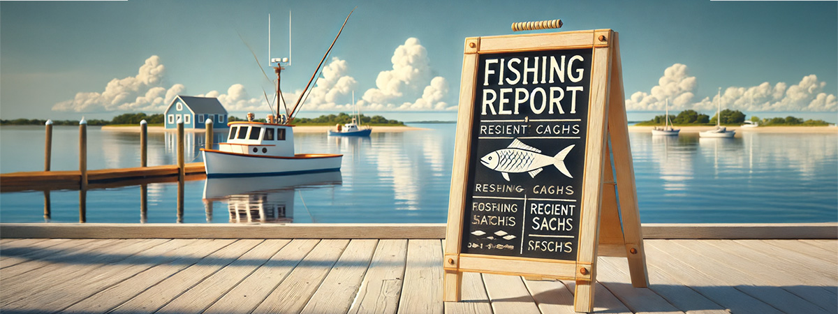 Dockside fishing report sign with a boat in the background.