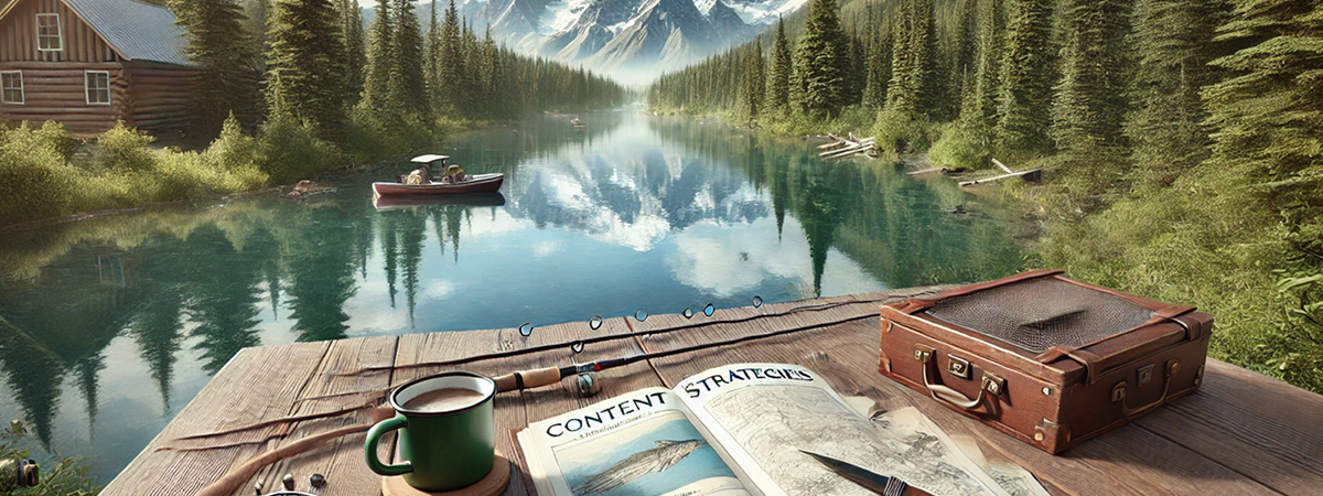 Outdoor wooden table overlooking a calm river, featuring an open notebook, coffee cup, and fishing map with evergreen forests in the background.