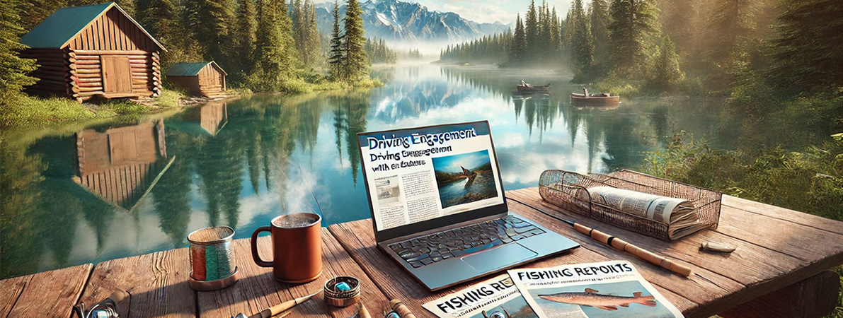 Outdoor table with a laptop displaying a fishing blog post, printed fishing reports, a pen, and a coffee mug, set beside a calm river and forest.