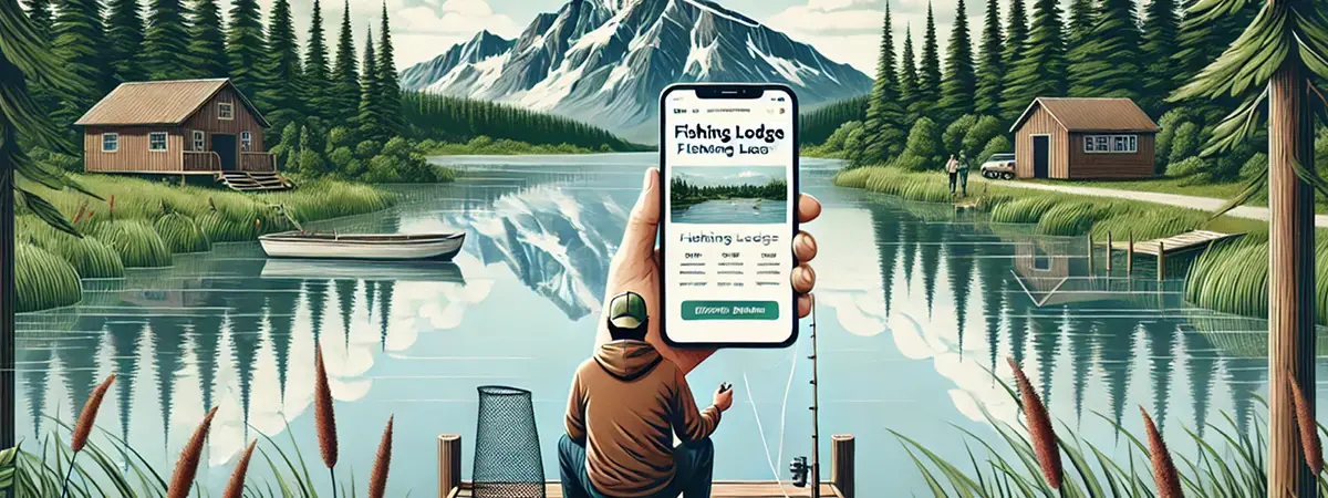 Person holding a smartphone displaying a fishing lodge booking page while sitting on a dock by a calm river, surrounded by forests and mountains.