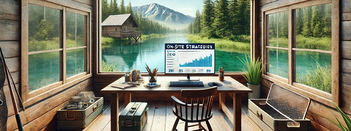 Inside view of a rustic cabin with a laptop displaying fishing lodge analytics, overlooking a river, evergreen forests, and distant snow-capped mountains.