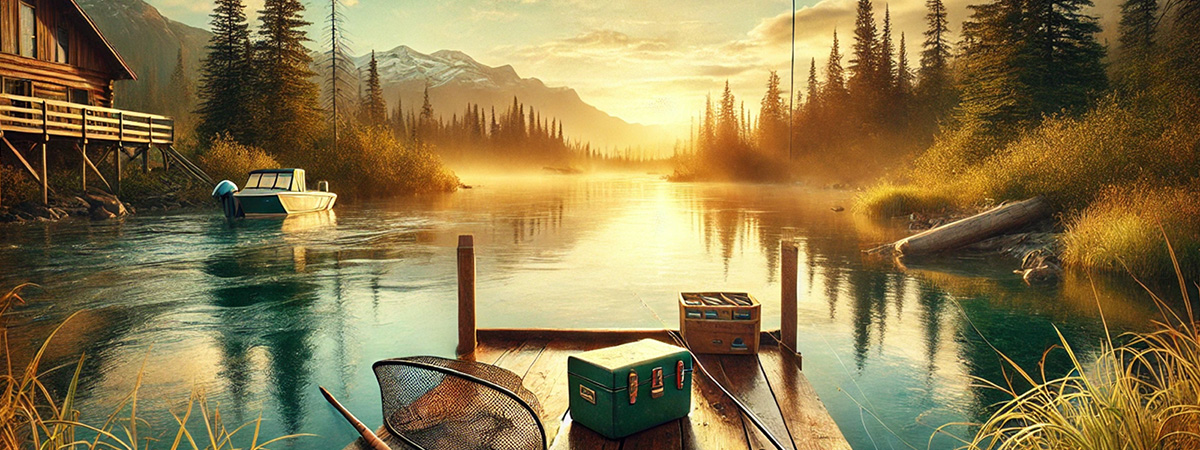 Serene river at sunset with warm golden reflections, a rustic wooden dock, fishing net, and tackle box in the foreground, framed by forests and mountains.