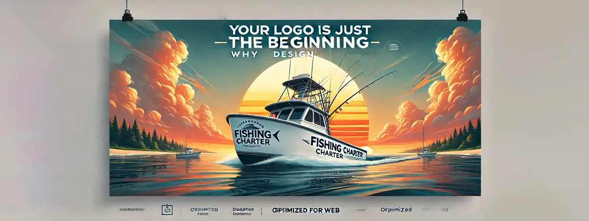 Fishing charter boat with a custom logo at sunset, representing the importance of strong logo design for fishing charters.