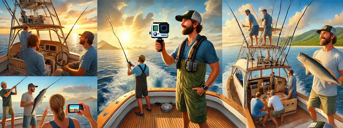 Wide-format, realistic collage showing practical tips for capturing high-quality fishing charter images, featuring a captain using a GoPro, a deckhand photographing clients, a checklist of key shots being reviewed, and scenic ocean views at sunrise.