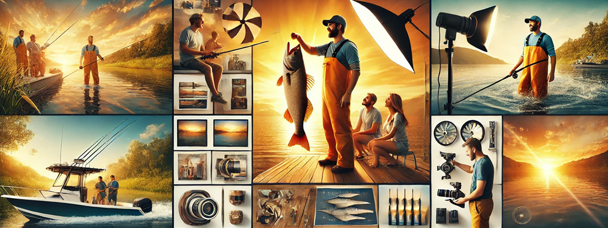 Wide-format collage showcasing a planned photo shoot for fishing charters, featuring a photographer capturing action shots from a second boat, a staged hero image at sunrise, candid client moments, and scenic golden hour lighting over water.