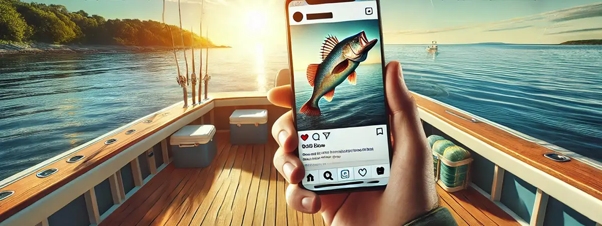 Person holding a phone showing a fishing report on social media.