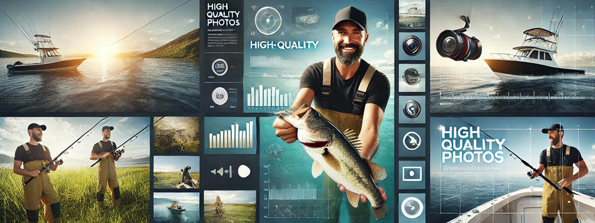 Wide-format collage illustrating high-quality fishing charter imagery, featuring a close-up portrait of an angler with a catch, a landscape shot of a boat on the ocean, a close-up of fishing gear in action, and a dynamic video recording on a boat.