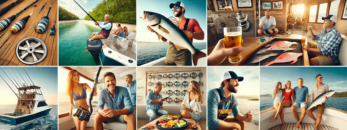 Wide-format collage showcasing diverse fishing charter moments, including a client holding a catch, an action shot of a fish being reeled in, guests relaxing on the boat, scenic marine life, a close-up of tackle, a captain interacting with clients, and a family enjoying their trip.