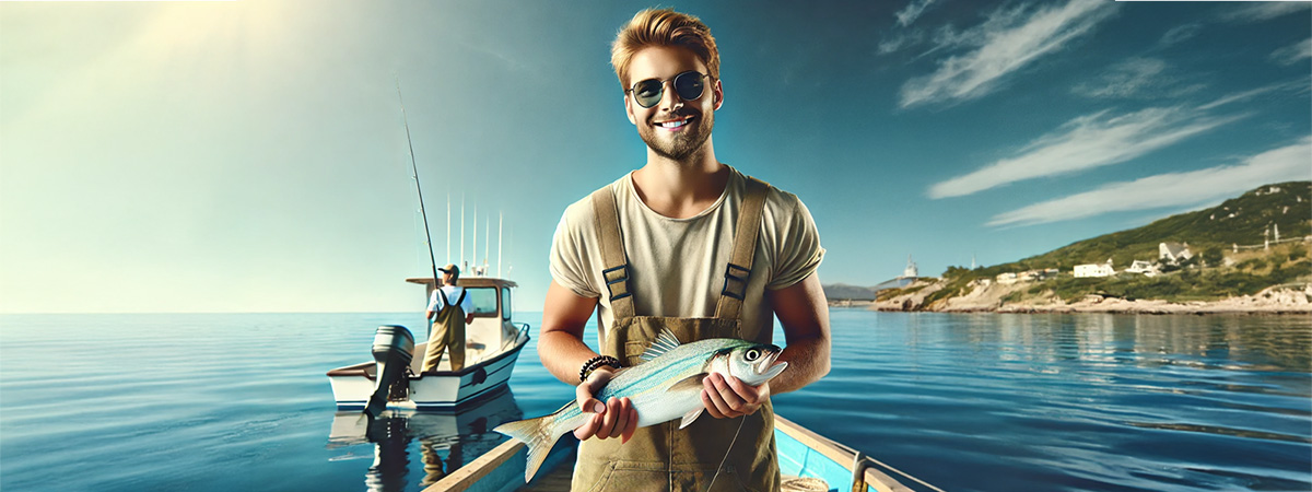  Fishing guide holding a fresh catch on a sunny coastal day.