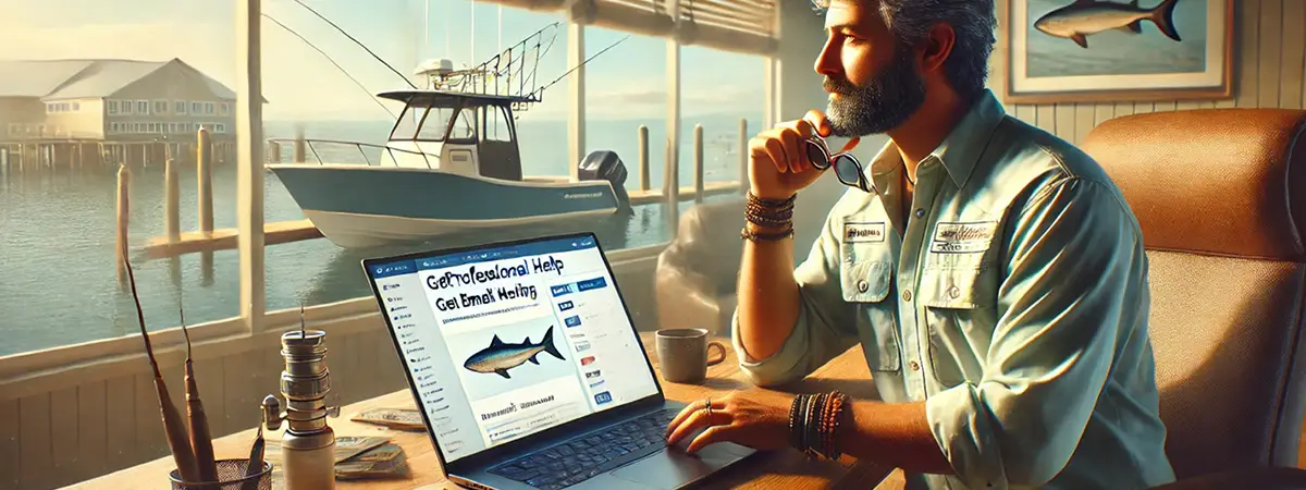 Fishing charter captain in a casual fishing shirt reviewing email designs on a laptop, with sunglasses on his hat and a docked boat visible nearby.