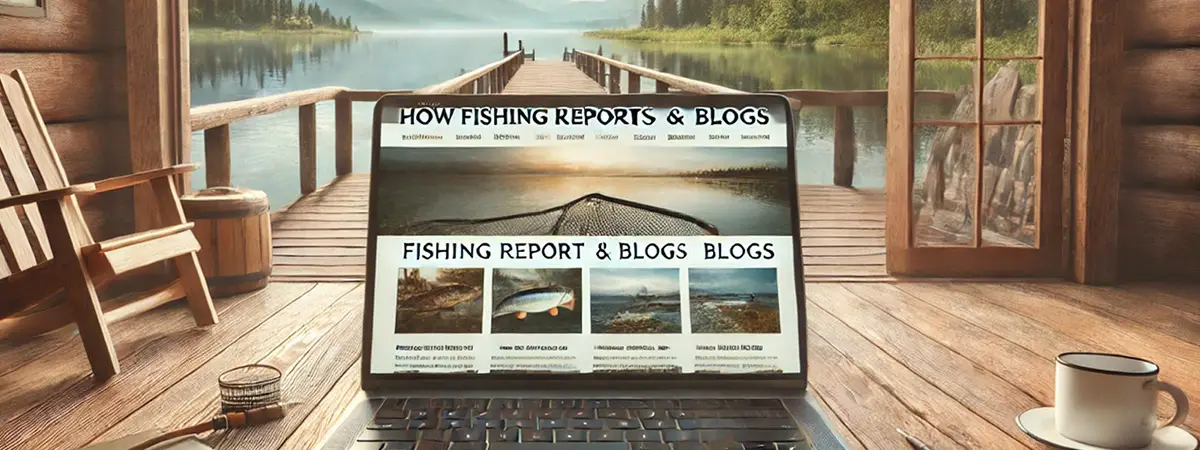 Laptop on a wooden lodge porch showing a fishing lodge website with reports and blog content, overlooking a scenic lake.