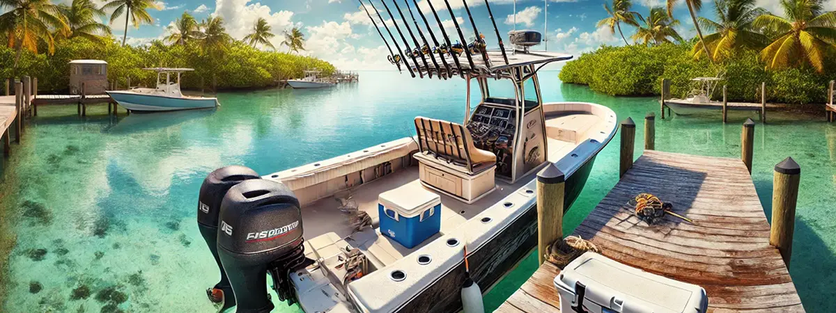 Center console fishing charter boat tied at a wooden dock in the Florida Keys, with calm turquoise water and bright tropical skies.