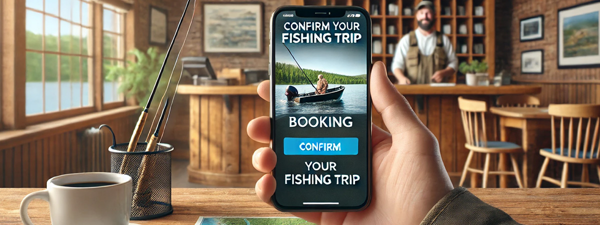 A person’s hand holds a smartphone displaying a ‘Confirm Your Fishing Trip’ booking page. The phone rests on a wooden table beside a fishing map and a cup of coffee. In the background, a lodge reception desk with a friendly staff member is visible.