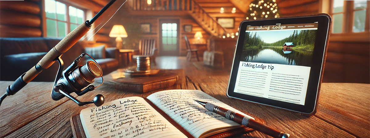 An open notebook with handwritten fishing lodge trip notes sits beside a tablet displaying a fishing lodge blog post on a wooden table. A fishing rod rests nearby, with a cozy lodge interior and warm lighting in the background.