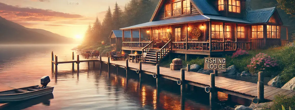 Rustic fishing lodge at sunset with warm lights glowing, a welcoming wooden sign, and a serene lake reflecting the sky.