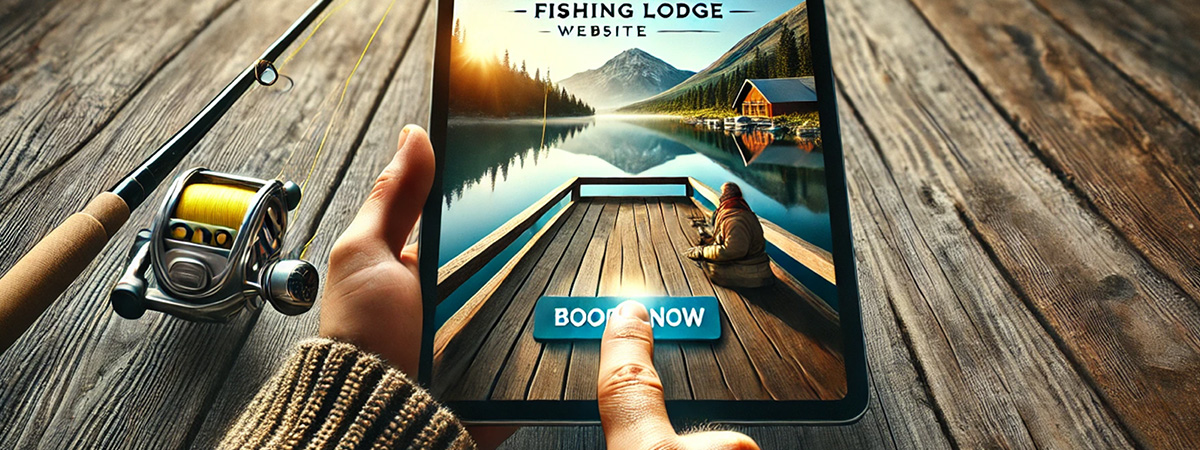 A close-up of a hand clicking a ‘Book Now’ button on a fishing lodge website displayed on a tablet. A fishing rod leans against a wooden deck, with a scenic lake in the background.