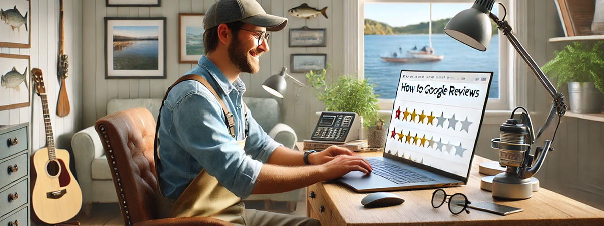 Fishing guide in a coastal home office replying to customer reviews on a laptop, with nautical decor and a water view through the window.