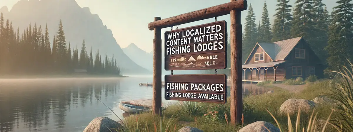 Rustic fishing lodge sign near a scenic lake with forest and mountains in the background.