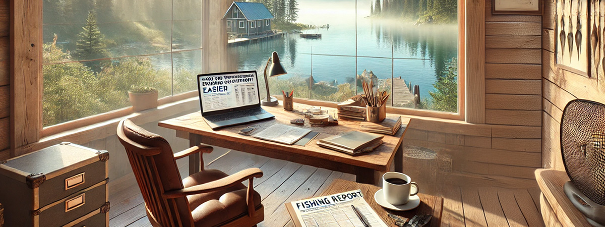 Cozy fishing lodge office with a desk, laptop open to a fishing report template, coffee cup, and scenic lake view.