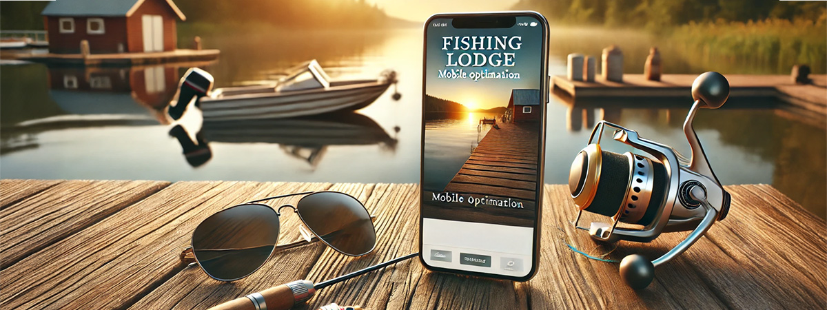 A smartphone displaying a fishing lodge website rests on a wooden dock beside a fishing lure and sunglasses. In the background, a fishing boat drifts on a calm lake at sunset.