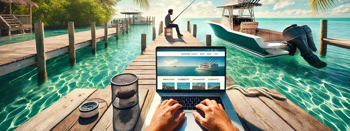 Fishing charter captain using a laptop on a dock in the Florida Keys, reviewing a clean, professional website.