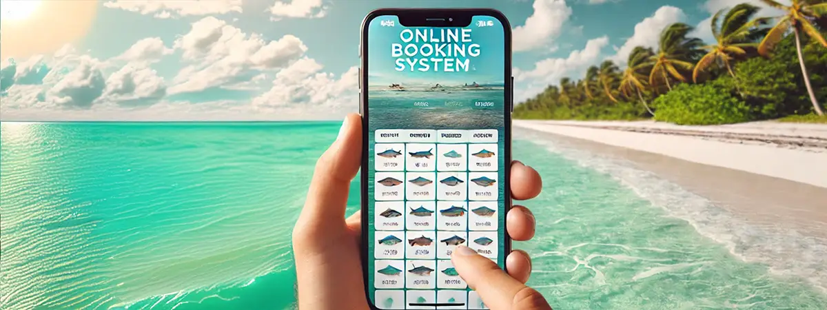 Angler holding a smartphone showing an online booking calendar for a fishing charter, with turquoise water and blue skies in the Florida Keys.