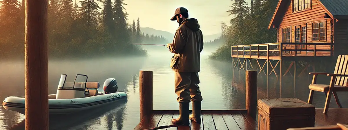 Fishing guide writing notes on a dock overlooking a calm lake, with a rustic fishing lodge in the background.