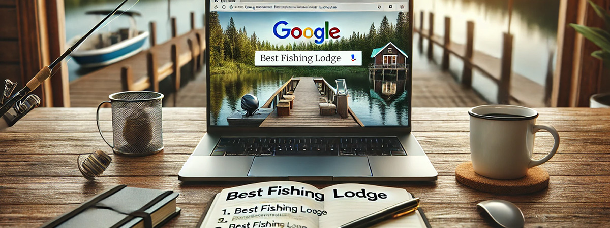 A laptop displaying Google search results for ‘best fishing lodge’ sits on a wooden desk with a cup of coffee and an SEO strategy notebook. A window overlooks a scenic lake with a dock and fishing gear.