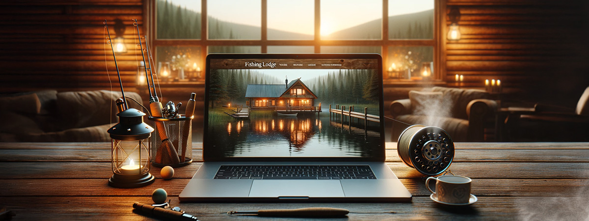 A laptop displaying a fishing lodge website on a rustic wooden table, with a fishing reel and coffee beside it. A cozy lodge and scenic lake are visible in the background.