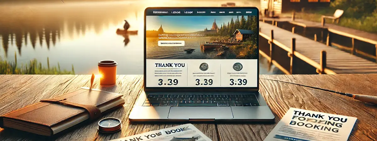 A laptop on a wooden table displays a fully designed fishing lodge website with a ‘Thank You for Booking’ message. A fishing hat and travel documents rest beside it. In the background, a scenic lake view with a dock and fishing boat is bathed in golden light.