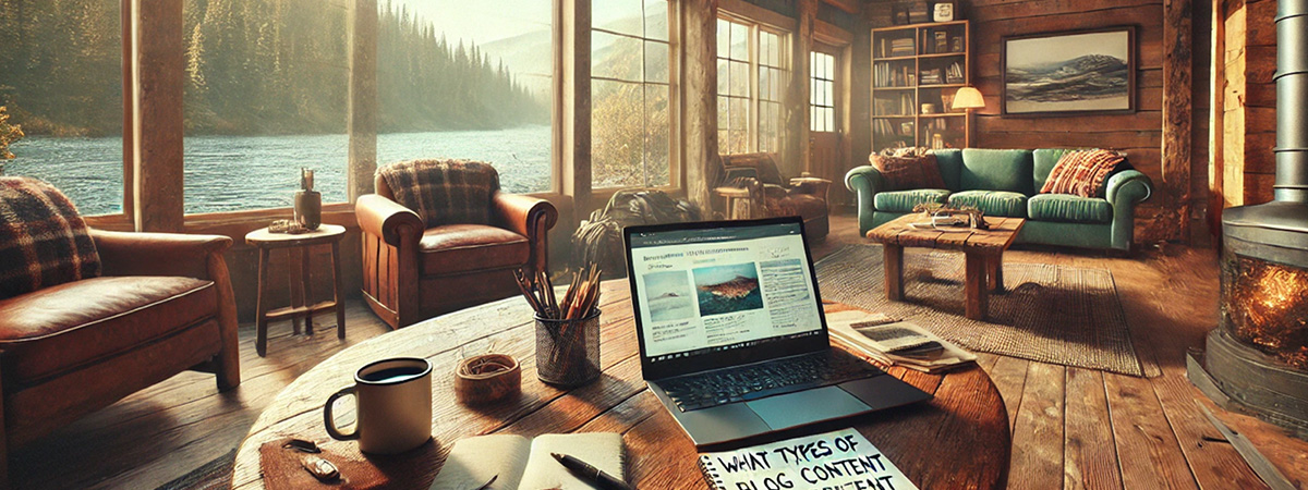 Cozy lodge common room with a laptop showing a fishing lodge blog post being written, overlooking a scenic lake.