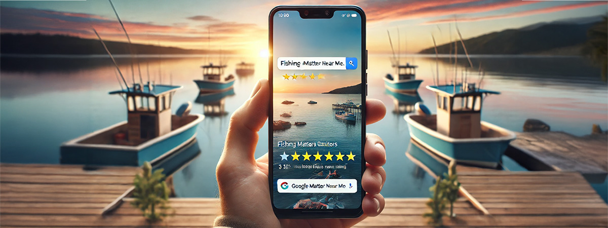 Smartphone displaying Google search results for fishing charters near me, with review stars and ratings visible over a blurred coastal background.