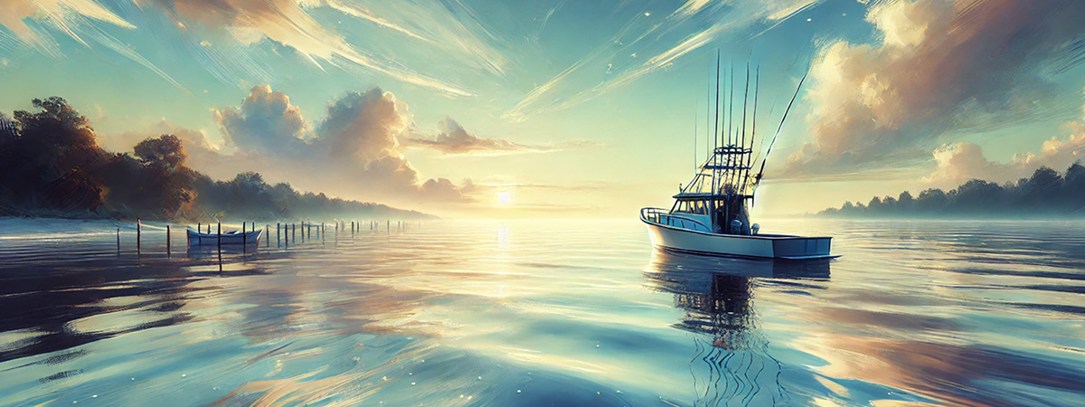 Calm coastal sunrise with a fishing charter boat anchored near the horizon